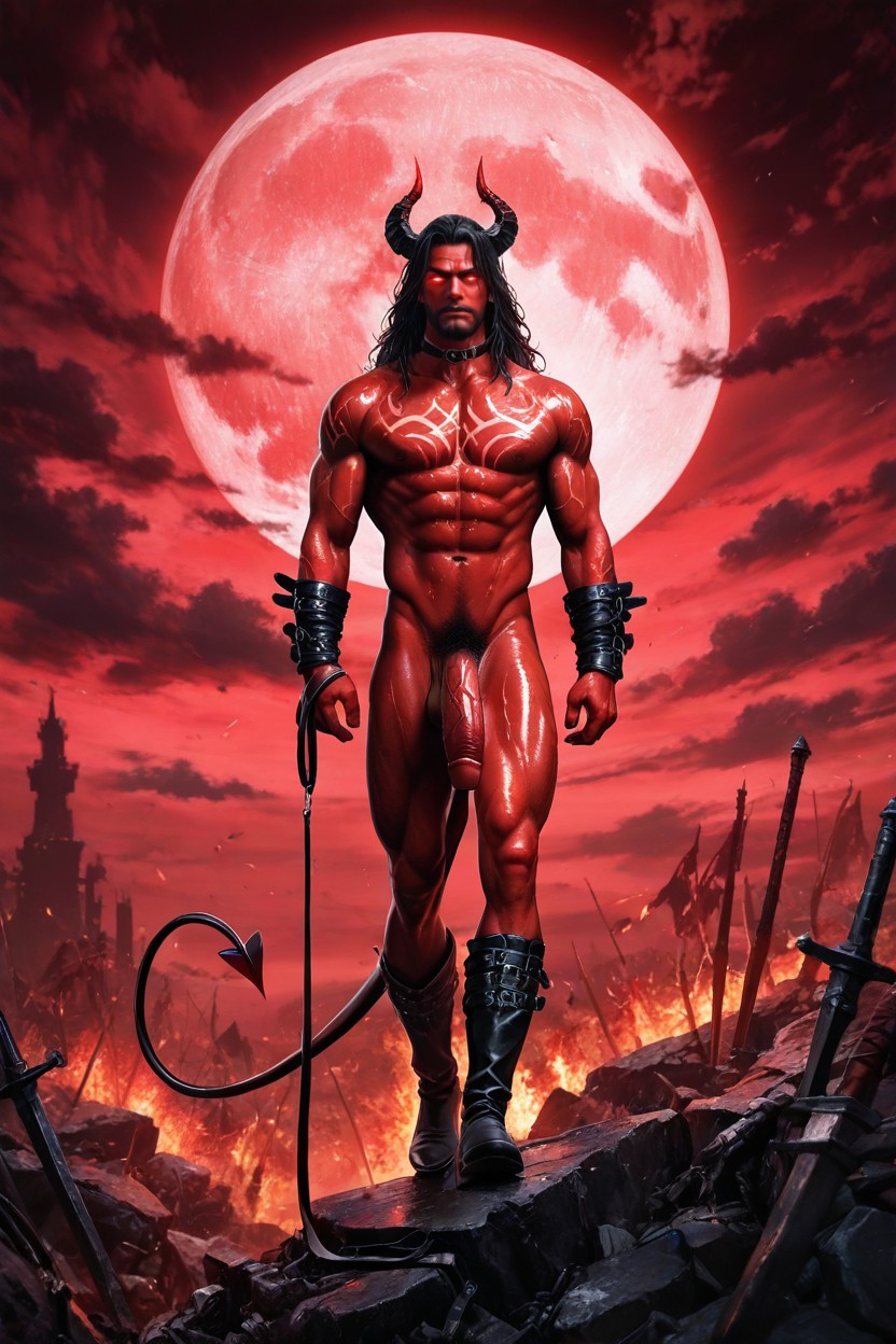 Ultrarealistic Photo, Handsome Demon Guy, Red Moonlight 게이 AI 포르노