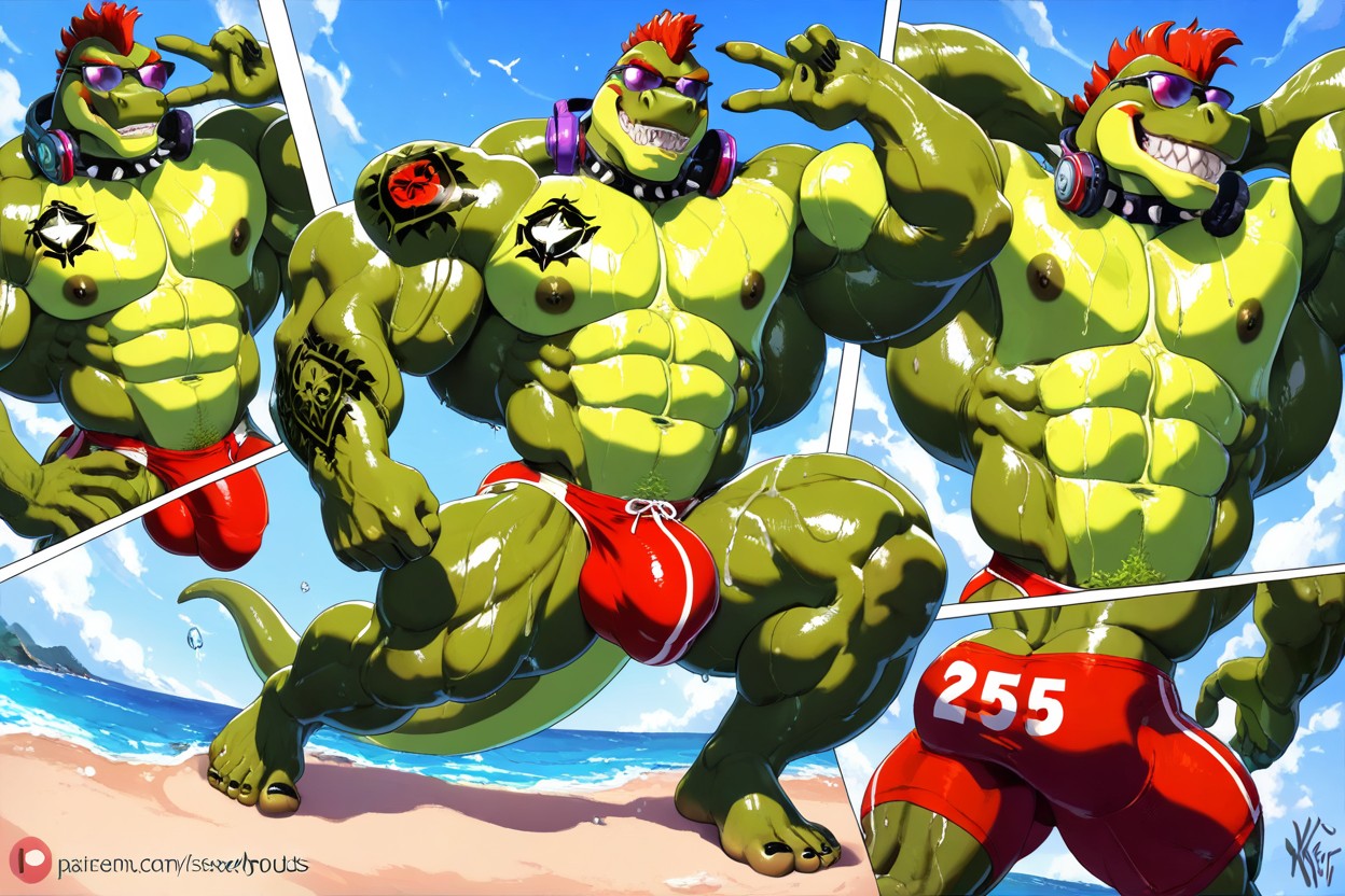With Hyper Huge Bulge, Body Hair, Headphones Hanging Around The Neck ゲイAIポルノ