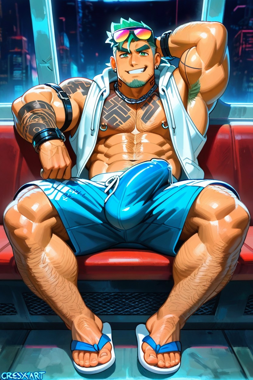 Sunglasses On Head, Relaxed, Open Sleeveless White Hoodie 게이 AI 포르노