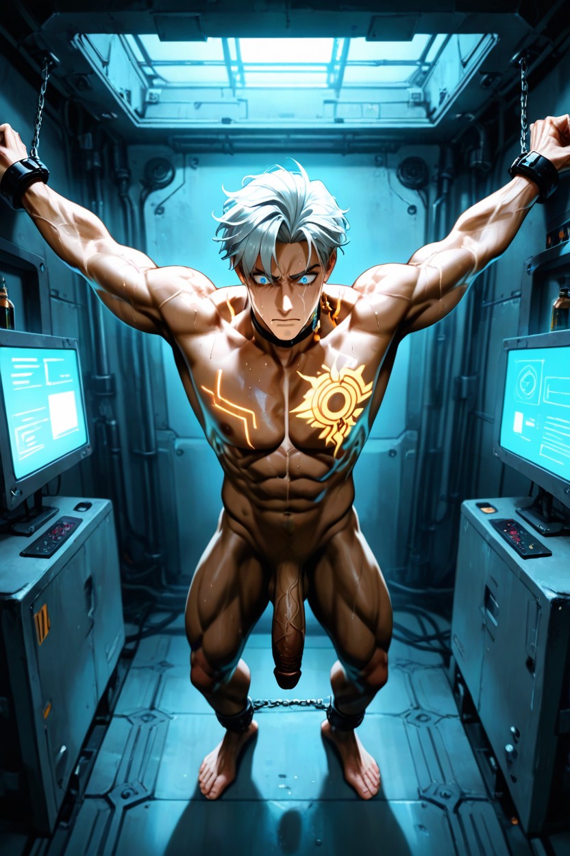 Dark Metallic Walls, Chest Forward, Full Body Visible AI同性戀黃片