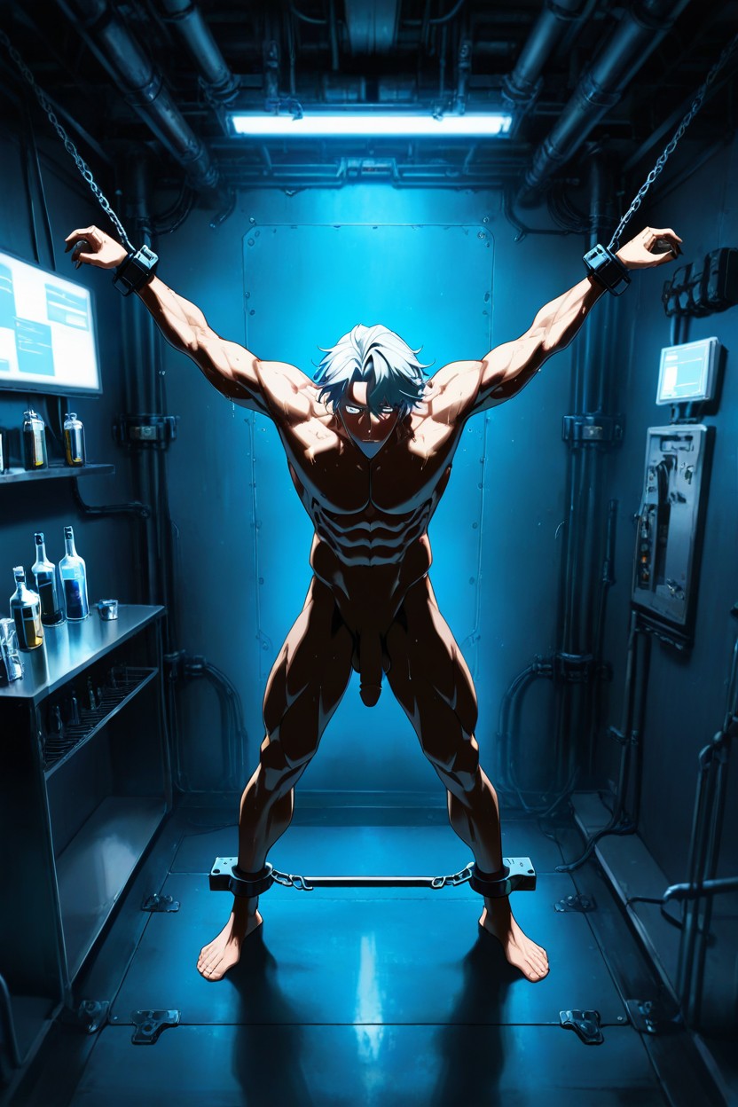 Chest Forward, Intensely With A Flushed Face, Chains Suspending Arms Porno IA Gay