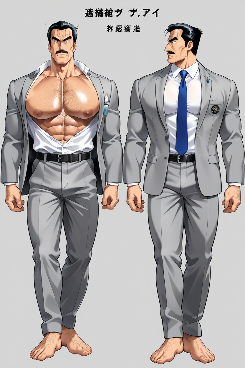Reference Sheet, Open Clothing, Parted Pencil Mustache AI Gay Porn