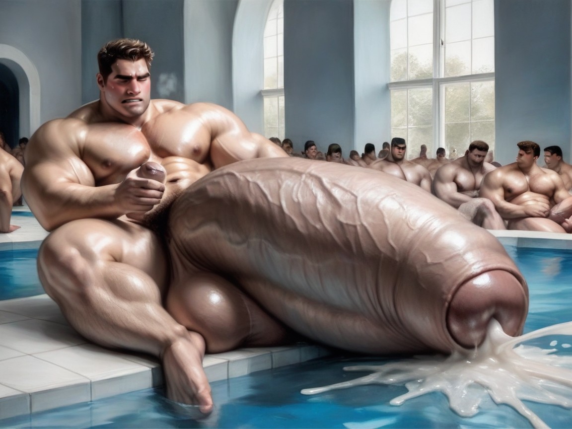 Realistic, Dick Longer And Thicker Than Leg, Holding Massive Gigantic Hyper Cock With Both Hands AI Gay Porn