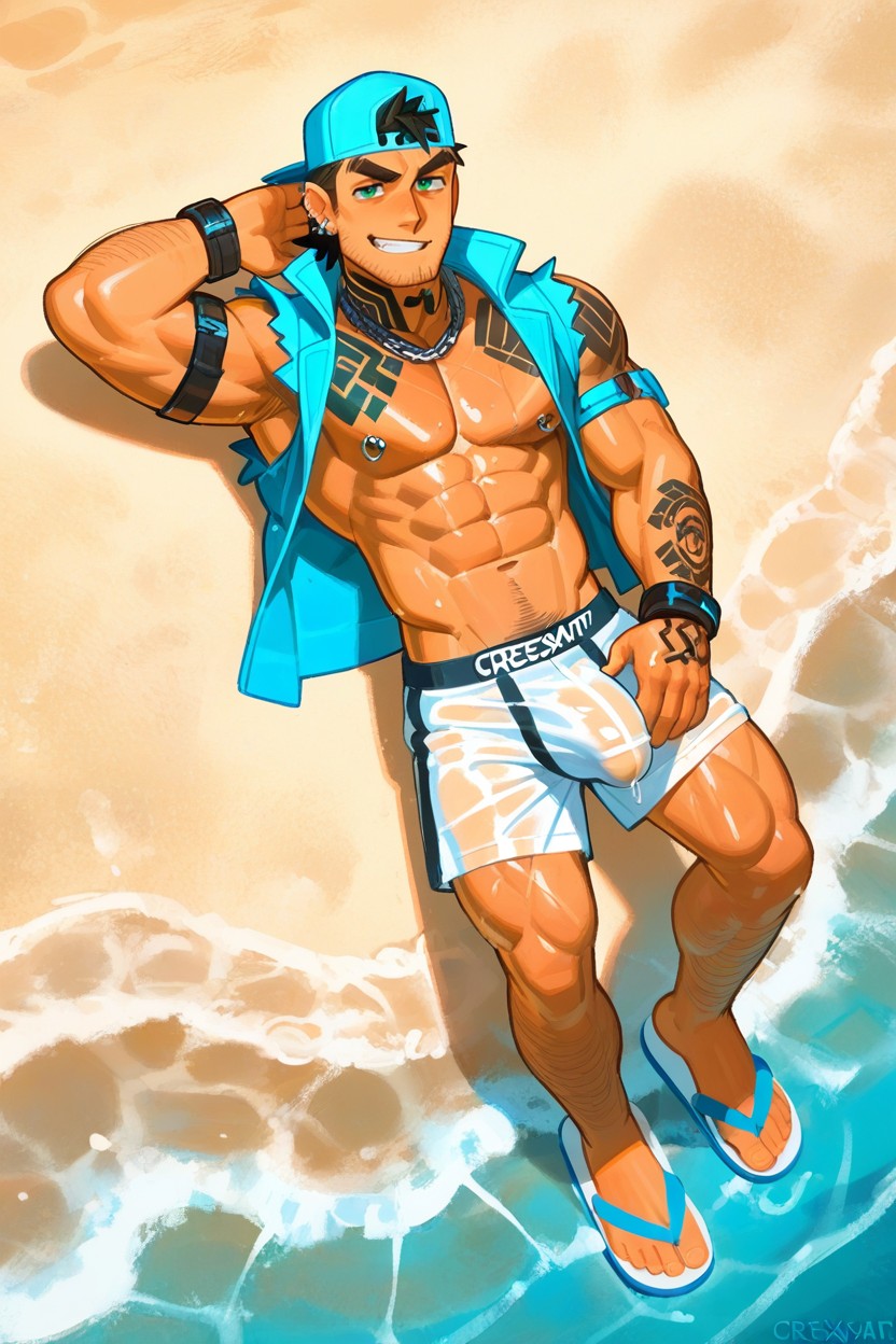 Top Down, Ear Piercing, Muscular AI Gay Porn