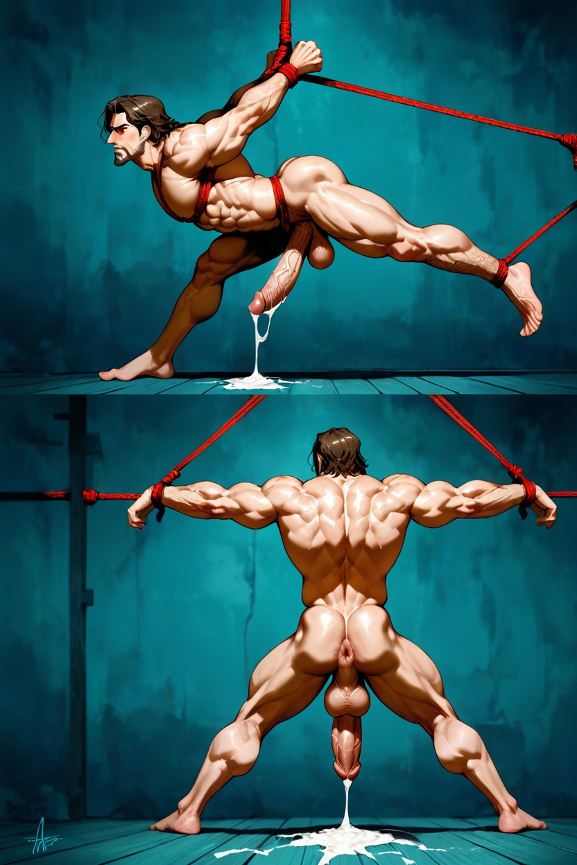 Wooden Board Between Balls And Cock, Body Hair, Huge Cock Pointing Straight AI Gay Porn