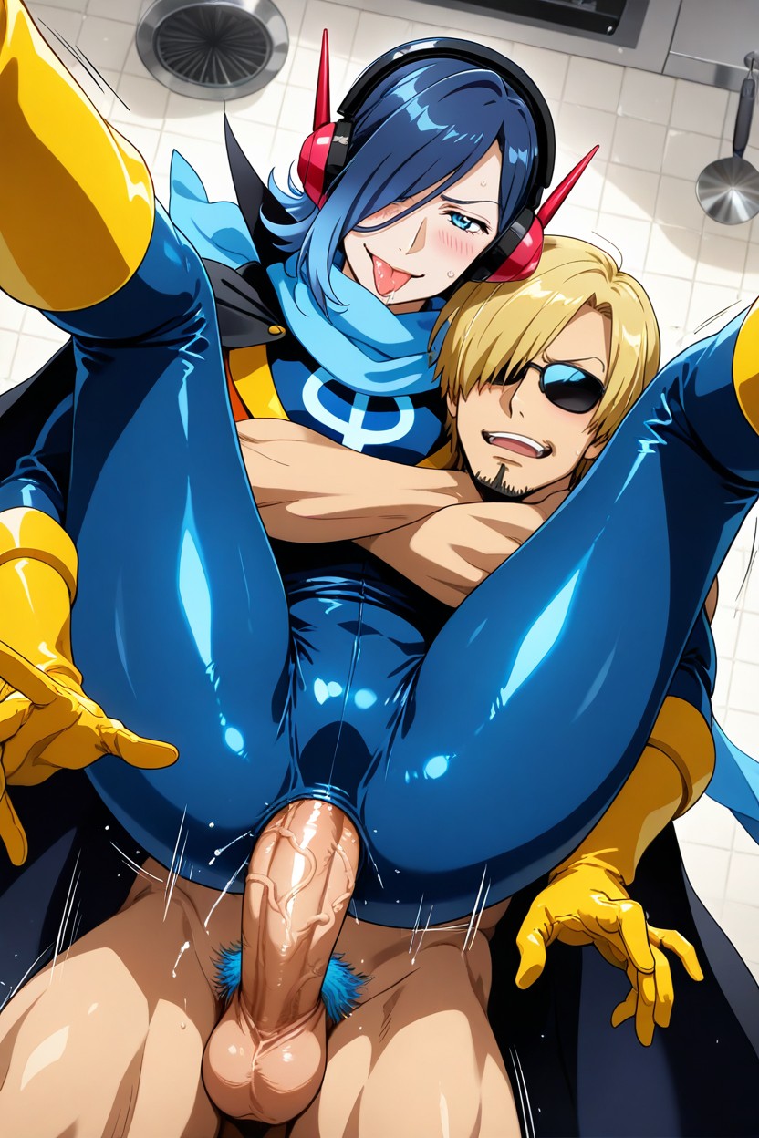 Yellow Gloves, Glowing Blue Eyes, Kitchen Background Porno IA Gay