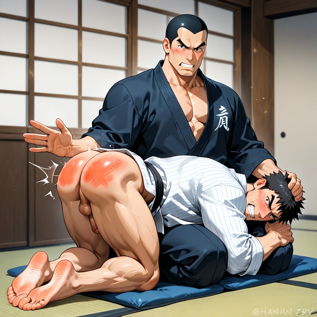 Spanked Man's Elbows Rest On The Tatami, Japanese Dougi Boys, Thick Thighs AI Gay Porn