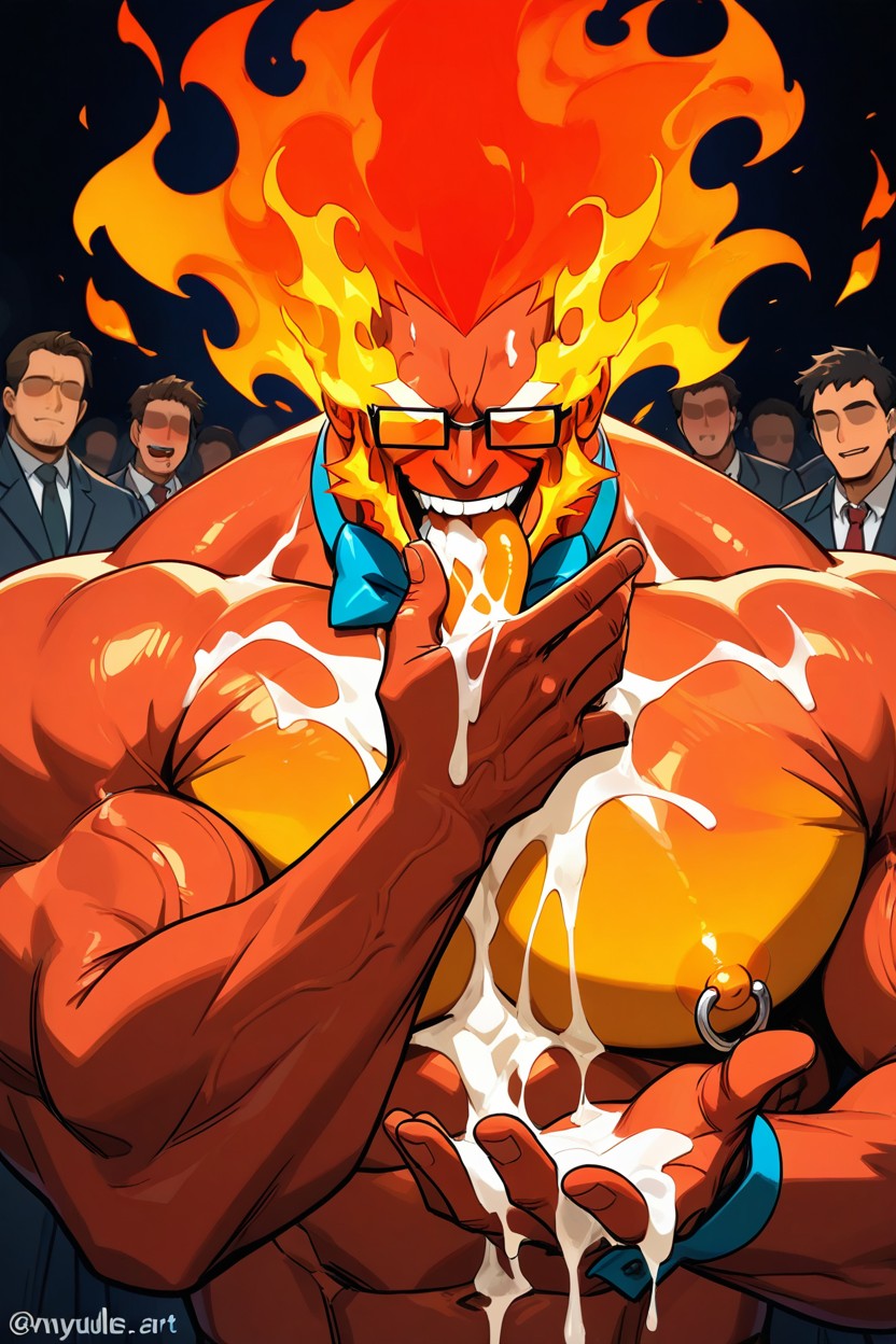 Músculos Sobredimensionados, Orange Tongue, Body On Fire Porno gay IA