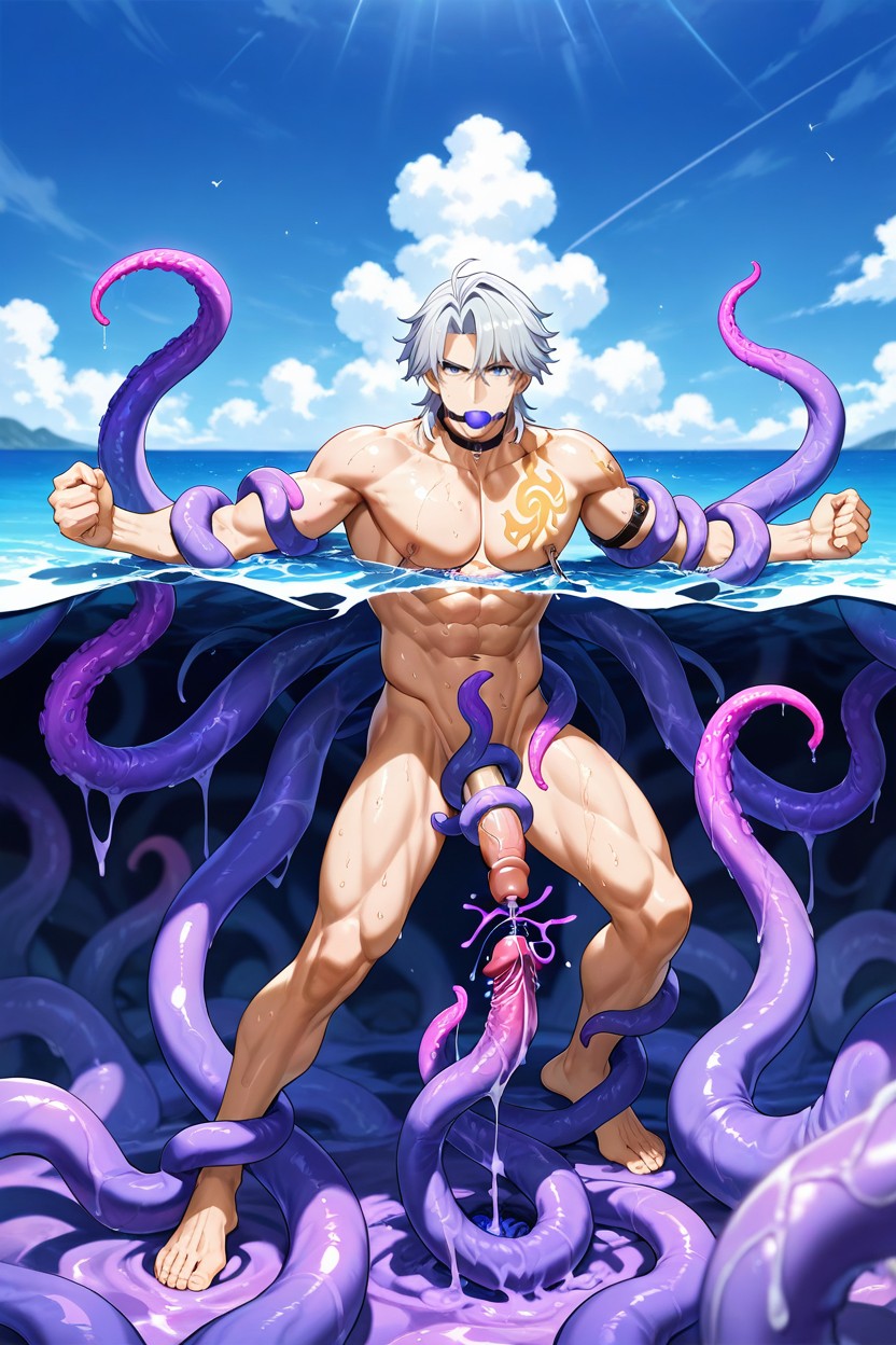 Golden Sun Tattoo On Neck, Black Choker, Manga-style Hair AI Gay Porn