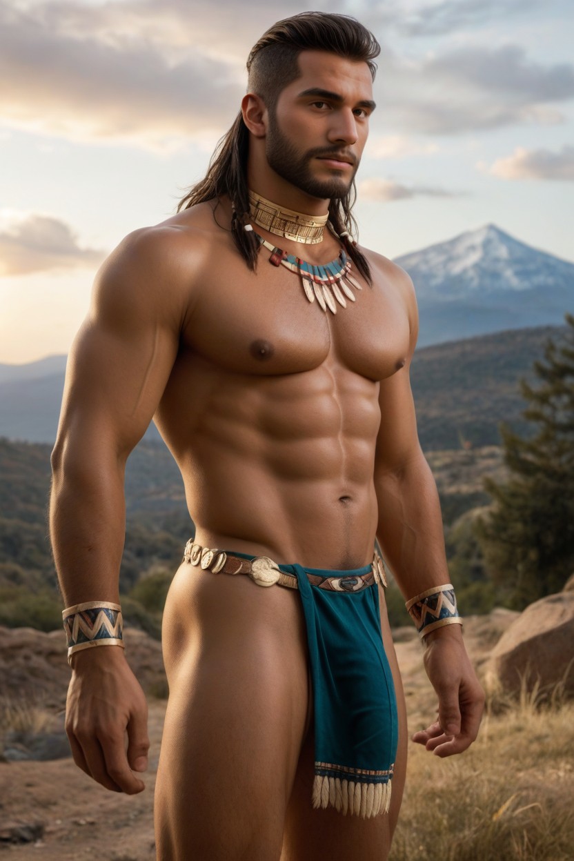 Chiseled Physique, Erect, Adorned With Gold Arm And Neck Bands AI Gay Porn