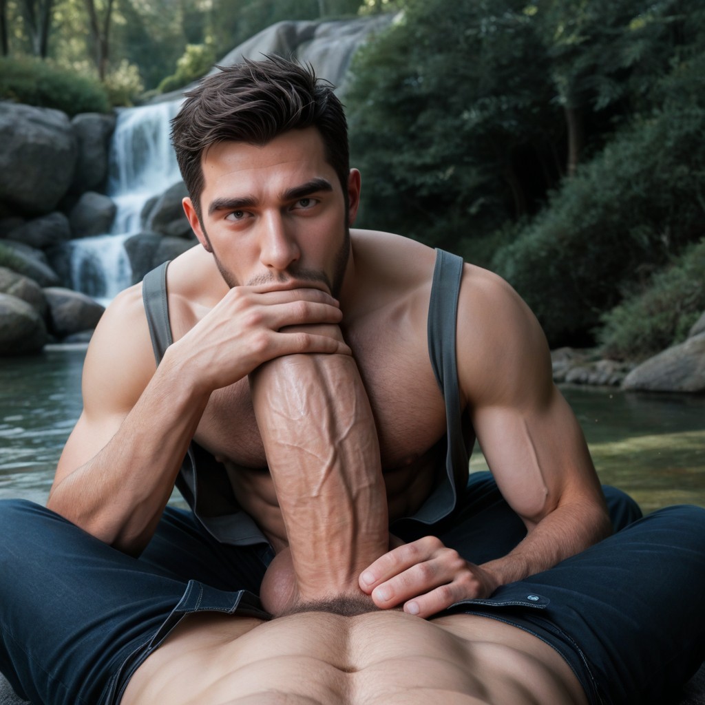 Upright Mega Bulge, Holding Gigantic Hyper Cock With Both Hands, Precum On Face AI Gay Porn