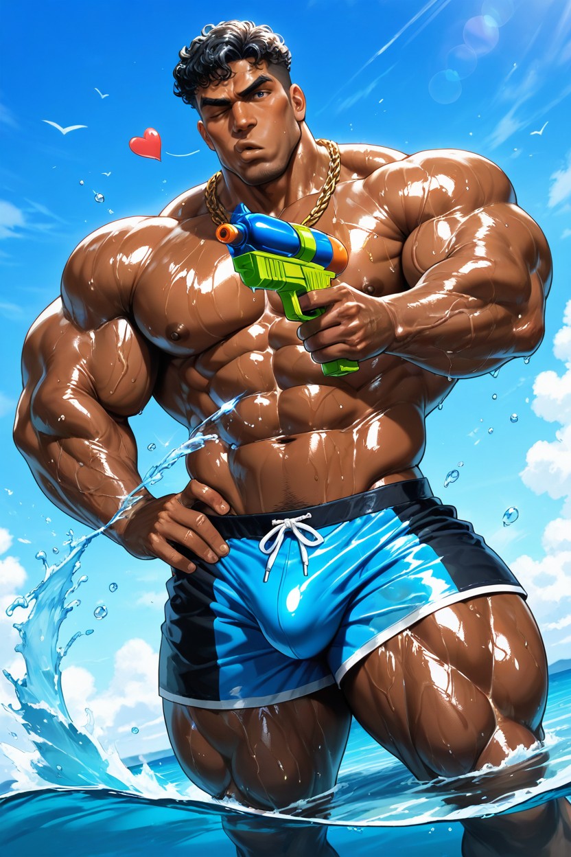 Oiled Skin, Looking At Viewer, Huge Muscular Body AI Gay Porn