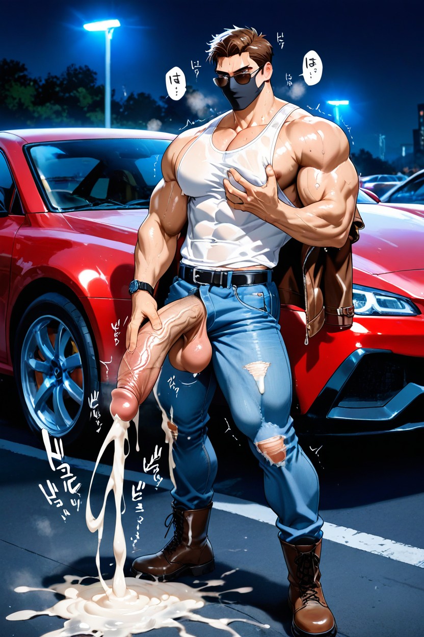 Brown Leather Jacket, Stud, Fit Muscular Body AI Gay Porn