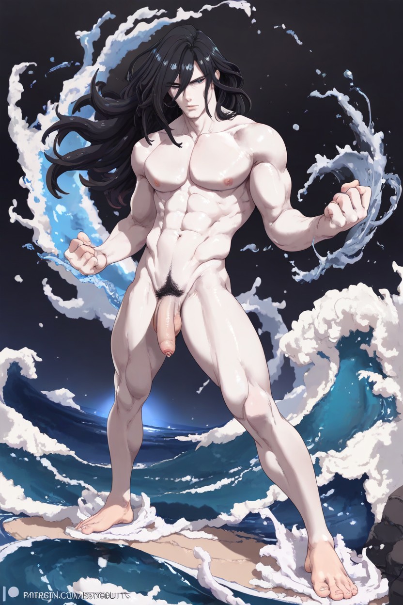 Standing, Black Long Hair, Plain Background AI Gay Porn