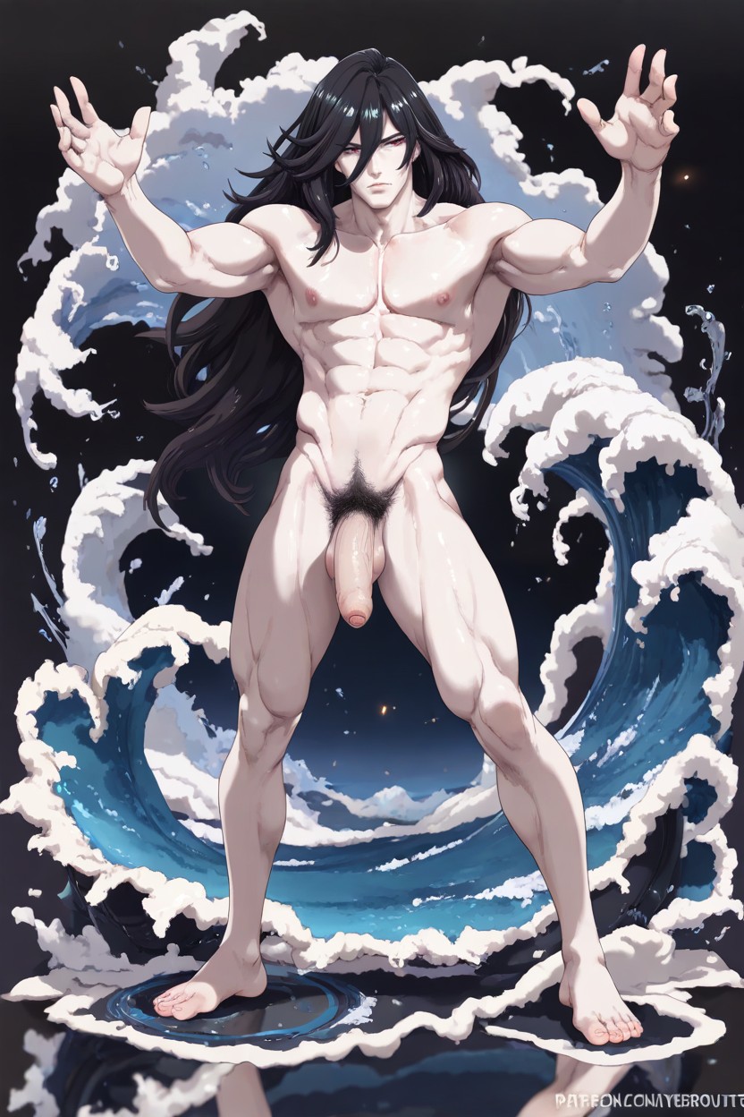 Black Long Hair, Legs Apart, Mamimi Art Style AI Gay Porn