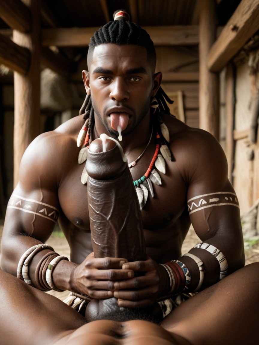 Looking Down Surprised At Penis, Only Men, Holding Cock Against Tongue AI Gay Porn