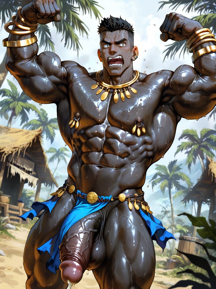Ornate Detailed Golden Heavy Dangling Nipple Piercings, Dark Skin, Cutesexyrobutts AI Gay Porn