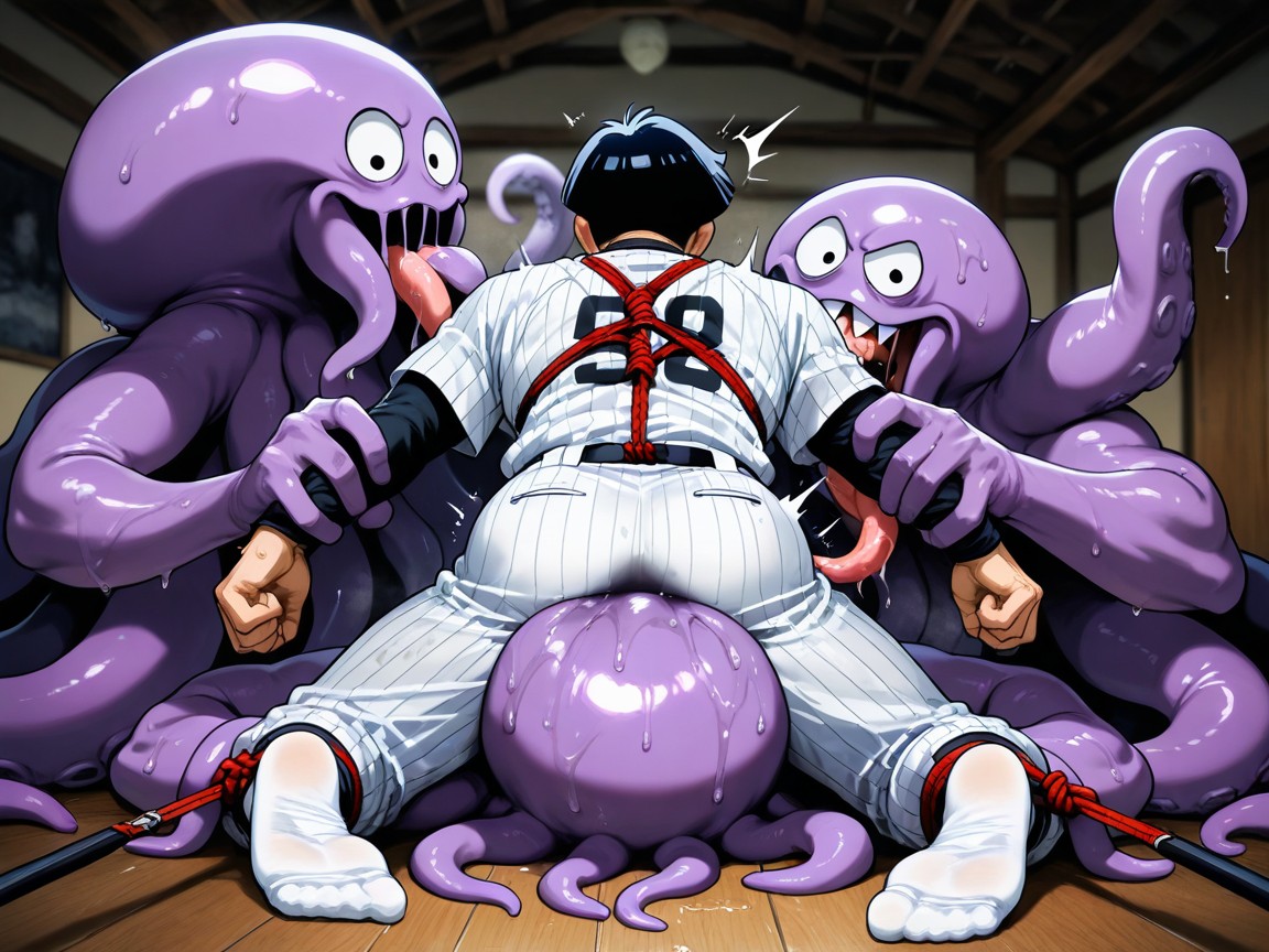 Big Arched Feet, Skinny, Surrounded By A Gang Of Large Evil Purple Kraken Monsters AI Gay Porn