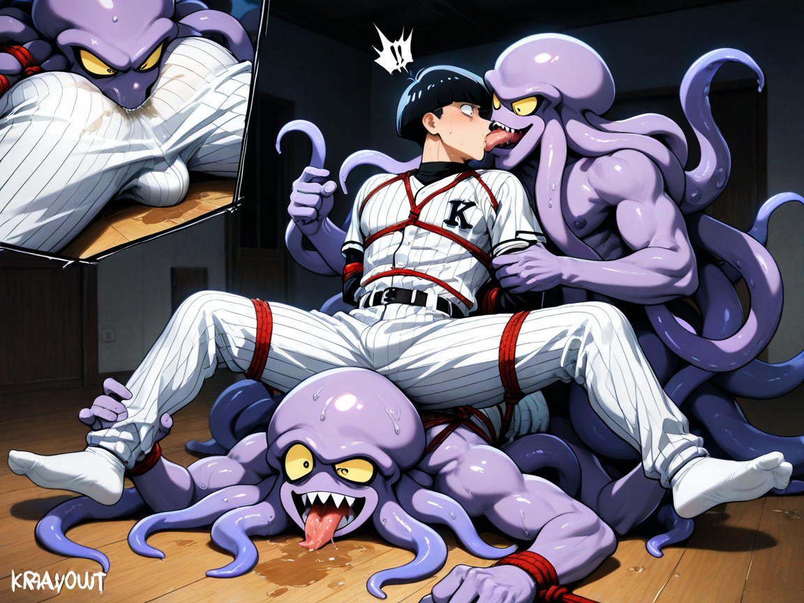 Shibari, Makeout, Surrounded By A Gang Of Large Evil Purple Kraken Monsters AI Gay Porn