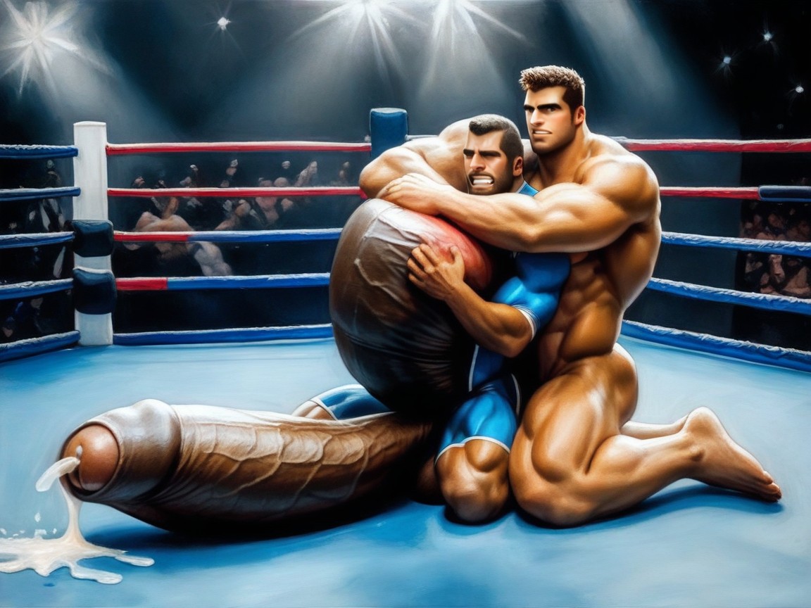 Cock In Between Wrestlers, Hyper Erect Boner Bulge, Huge Plump Balls AI Gay Porn