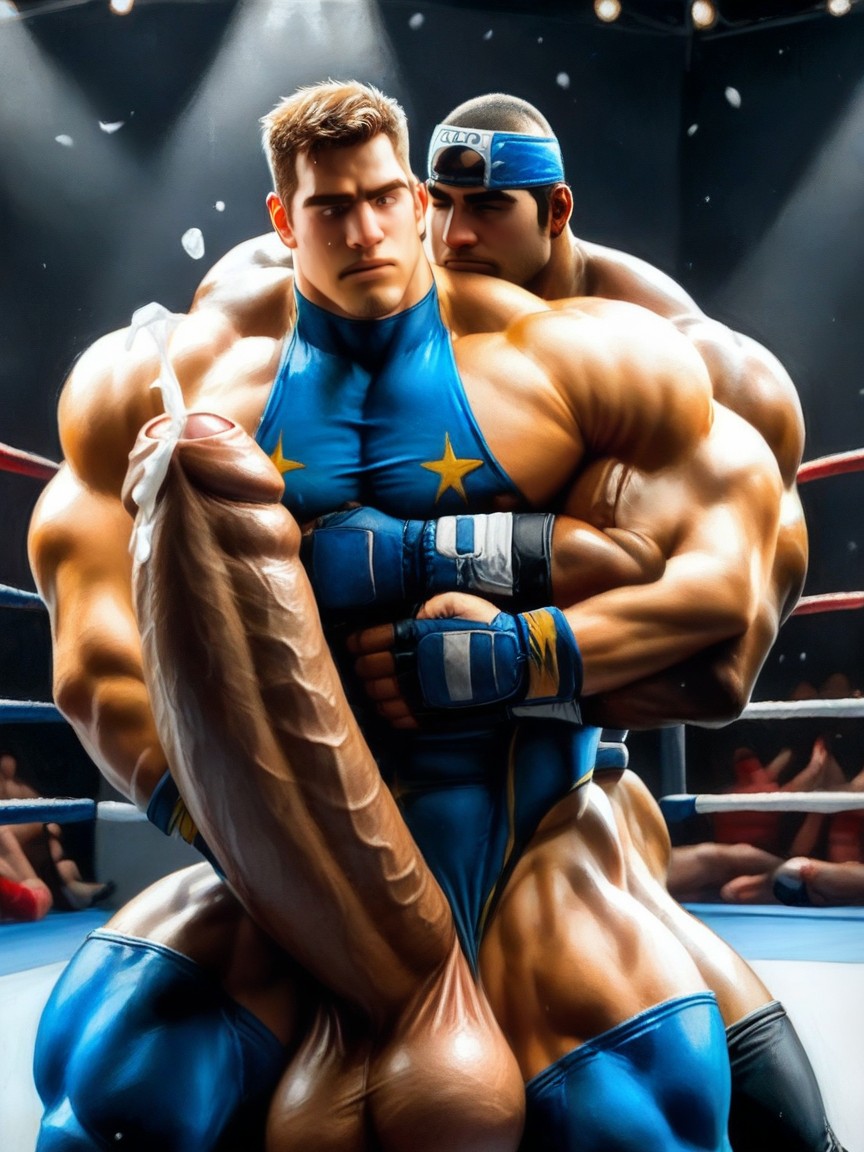 Gigantic Uncut Hyper Cocks, Looking Down Surprised At Penis, Cock In Between Wrestlers AI Gay Porn