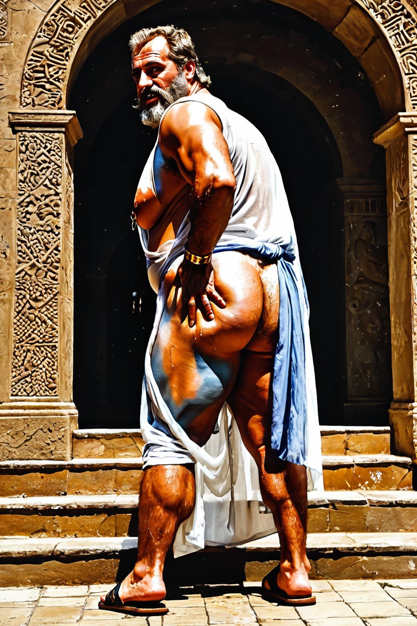 Brown Leather Wristbands, Giant Ass, Hyper Heavy Extremely Dangling Golden Ornate Nipple Piercings AI Gay Porn