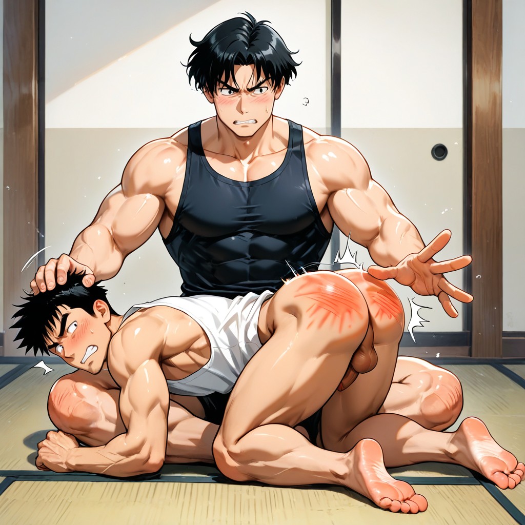 The Man Being Hit Has His Toes Spread Over-the-knees, Five Fingers, 日本人 ゲイAIポルノ