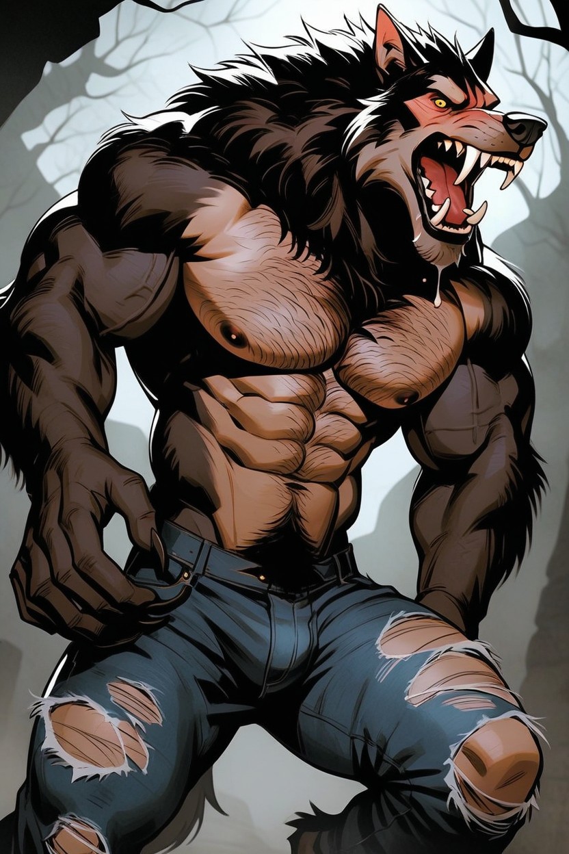 Muscular Werewolf, Crotch Grab, 프론트뷰 게이 AI 포르노