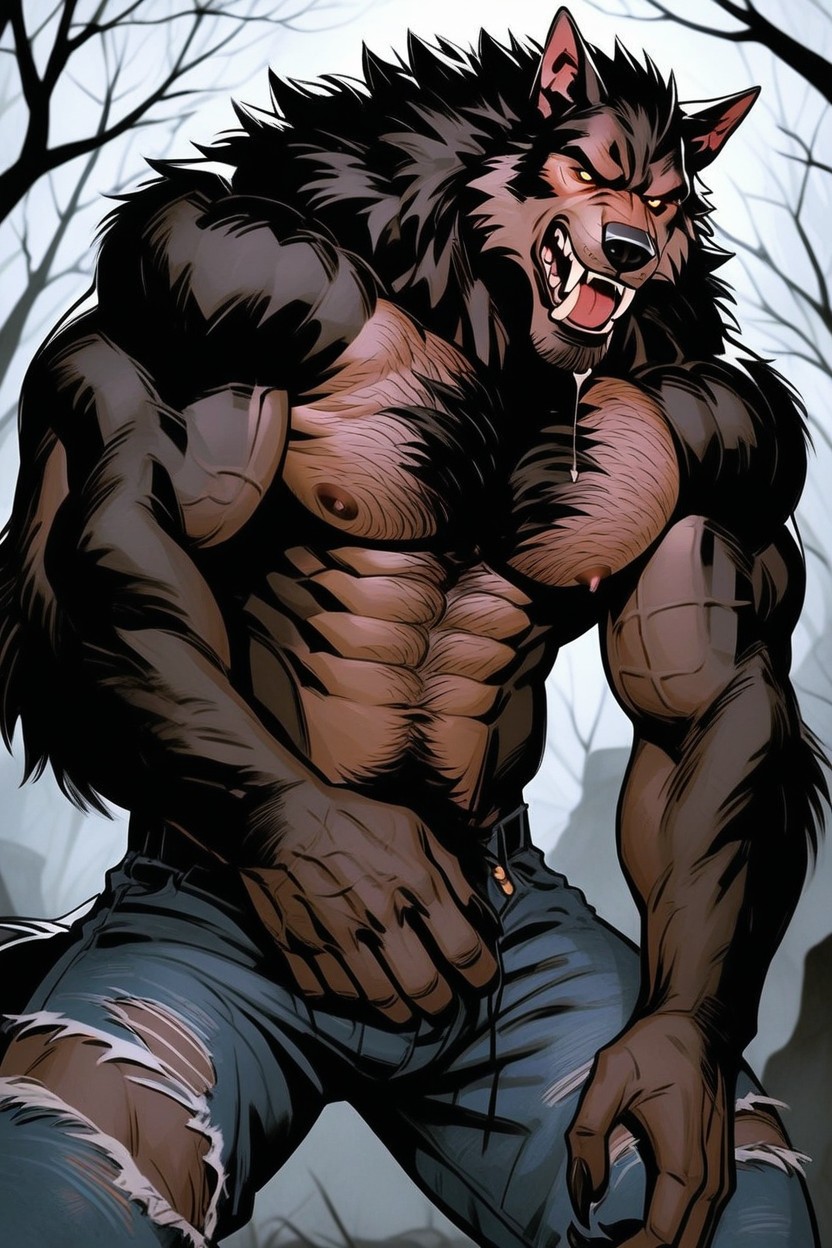 Muscles Surdimensionnés, Werewolf, Stomach Hair Porno IA Gay