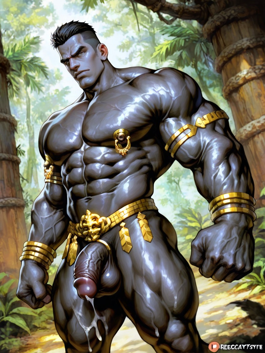 Black Side-swept Undercut, Tribal Village In Jungle, Men Only 게이 AI 포르노