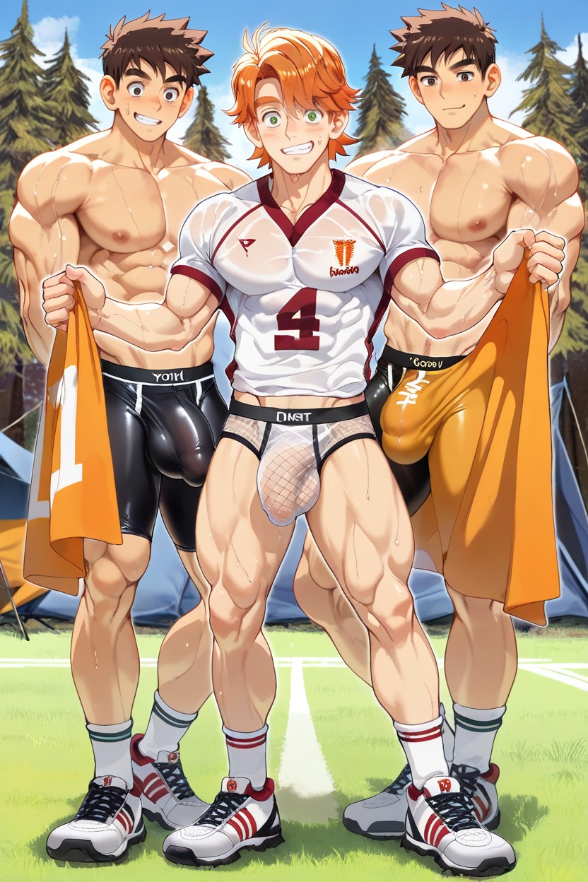 능글맞은 표정, Wearingultra-tight Compression, Many Camp Buddies In Background Staring In Awe 게이 AI 포르노