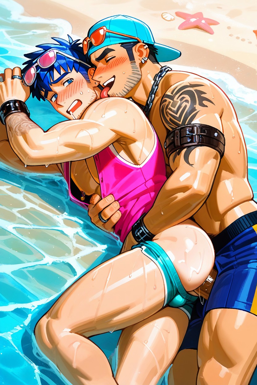 Frat, Oily Artstyle, Both Men Facing Viwer 게이 AI 포르노