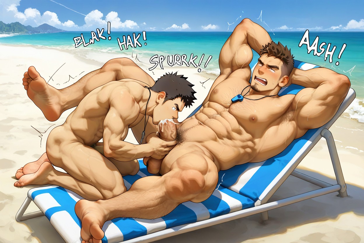 Side View, Beach, Oversized Muscles AI Gay Porn