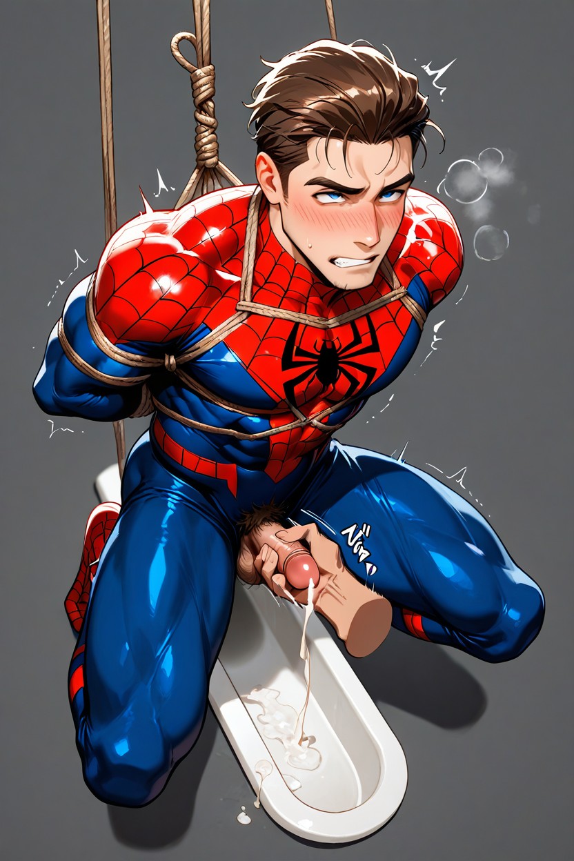 Muscular, Spider-man Outfit, Suspended By Rope From Above Porno IA Gay