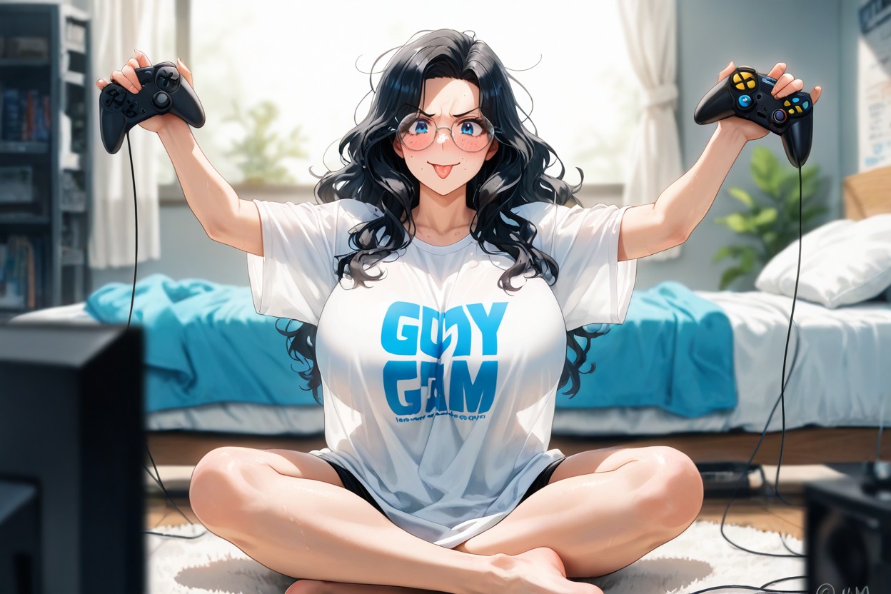 White Oversized T-shirt, Thumbs On Buttons, Calm Smile AI同性戀黃片