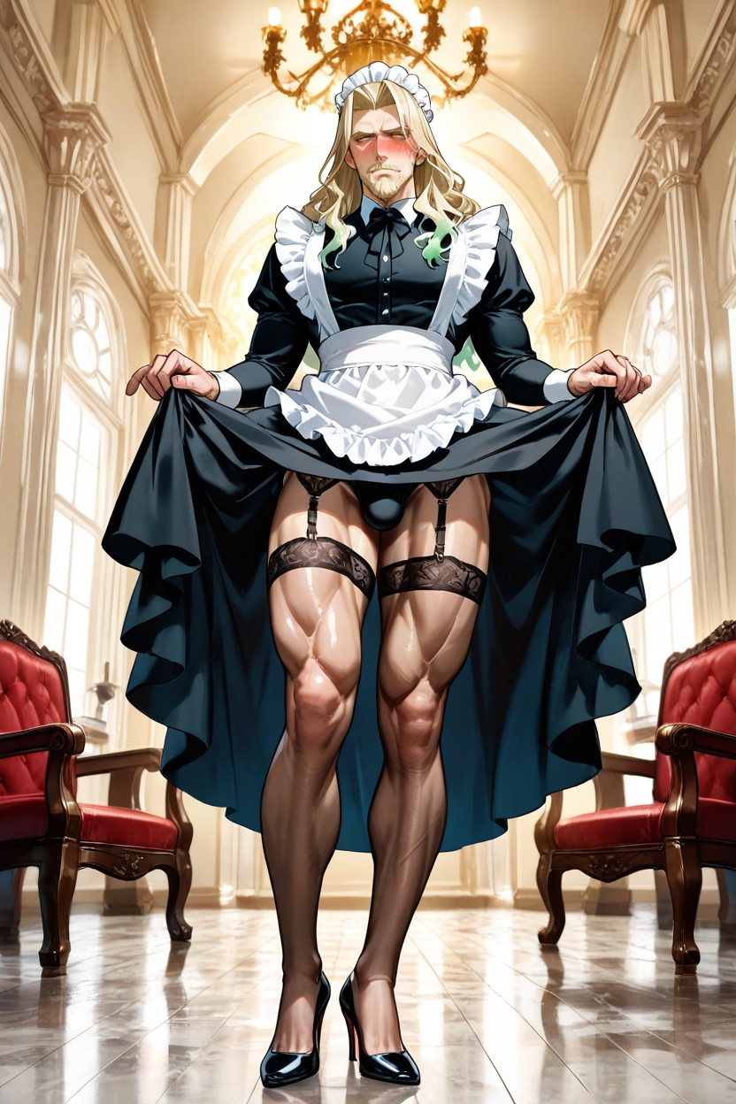 Blushing, Skirt Pulled Up, Apron 게이 AI 포르노