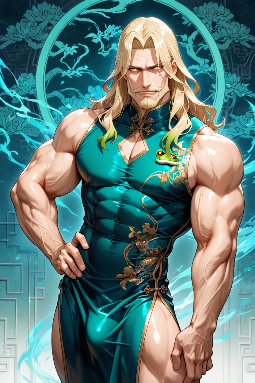 Standing With Legs Slightly Apart, Thick Chest, Golden Eyes Porno IA Gay