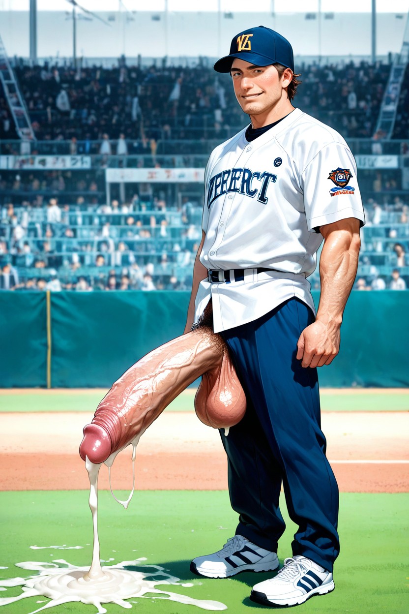 Brown Hair, Standing On Baseball Field, Massive Penis Porno IA Gay