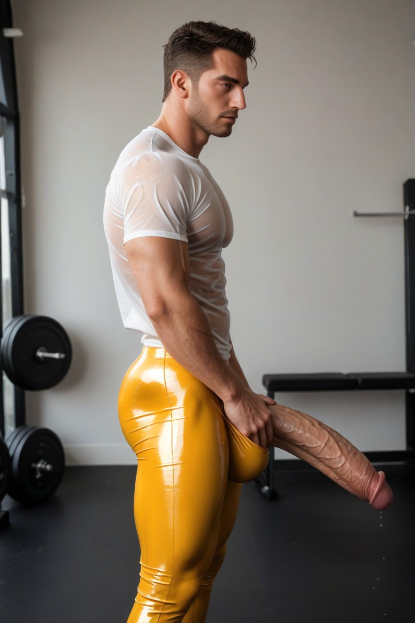 Very Tight Form Fitting Gold Latex Pants, Oiled Skin, Standing At Gym KI Schwulenporno