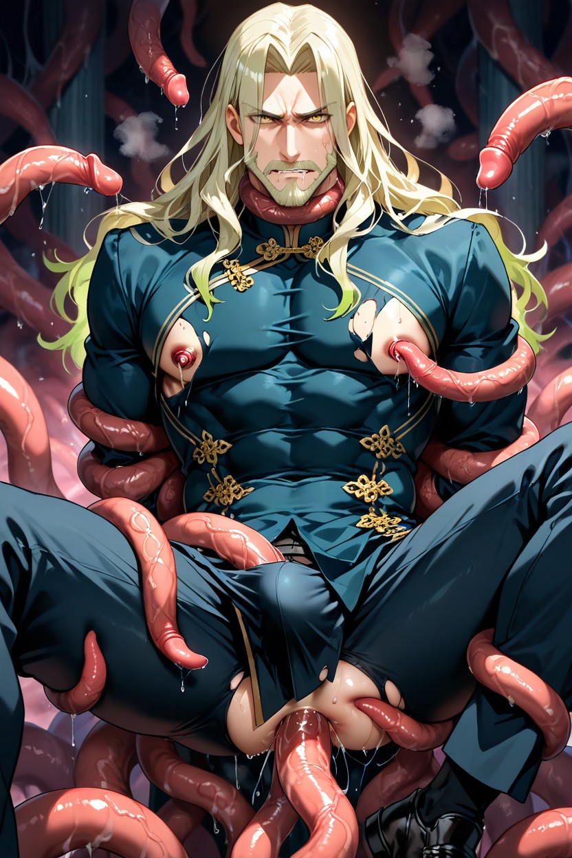 Tentacles Spreading Legs Wide, Furrowed Brows, Eyes Half-closed Pornografia gay com IA