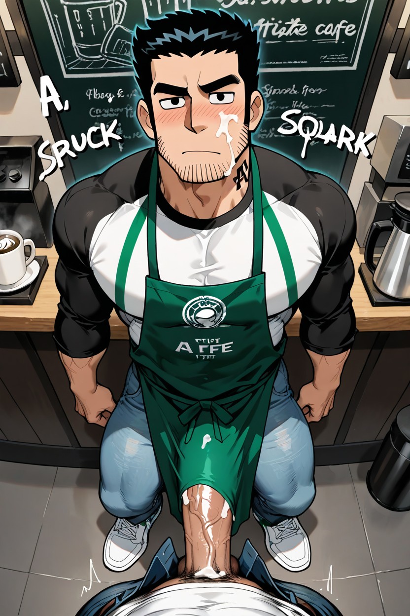 Wearing Blue Jeans, Cum Trailing Down The Mug, 正面図 ゲイAIポルノ