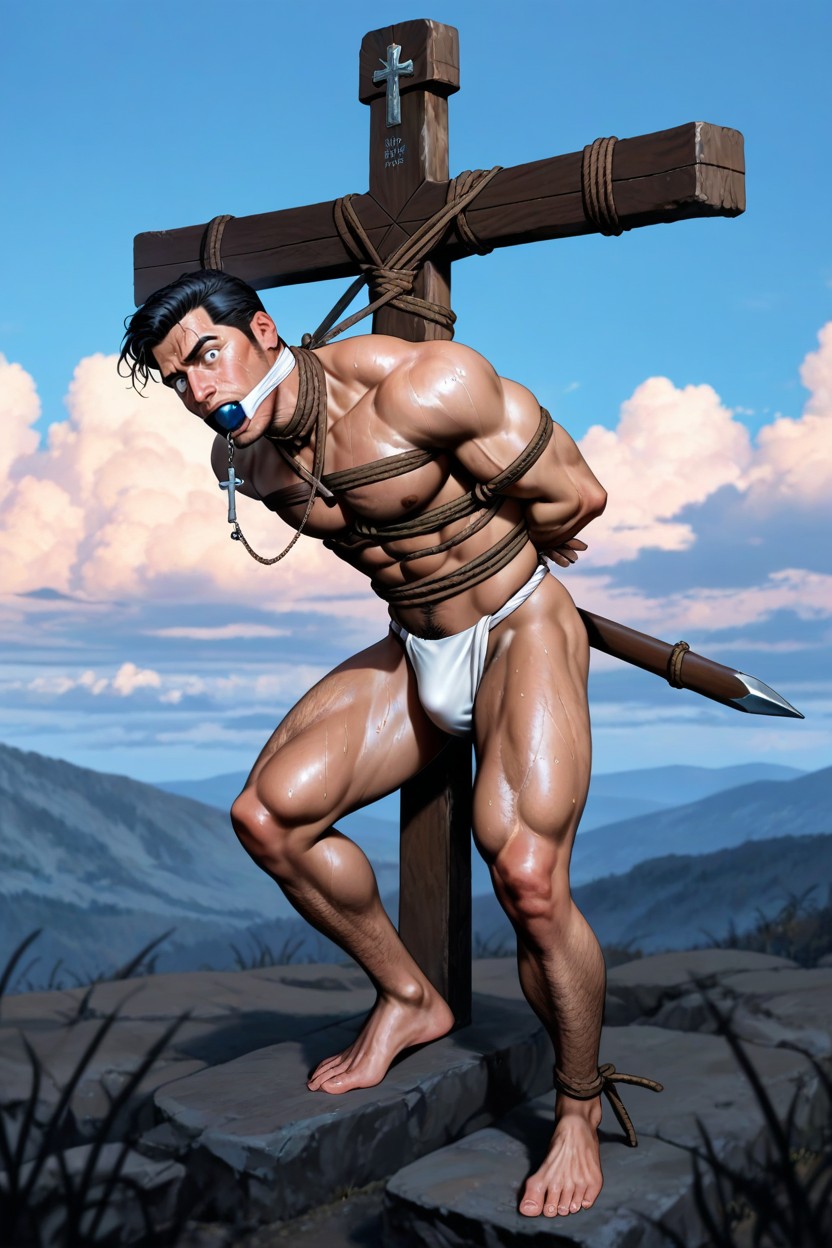 Right Arm Raised Upward, Right Leg Bent At Knee, Neck Wrapped With Rope ゲイAIポルノ
