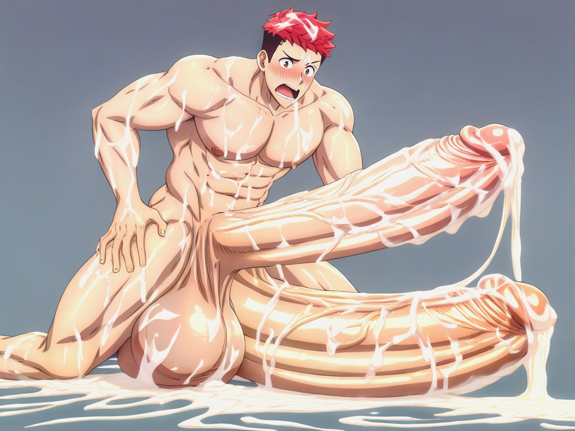 Realistic, His Gigantic Erect Hyperpenis Reaches Up To His Chin And Mouth, Cum Dripping Out Porno gay IA