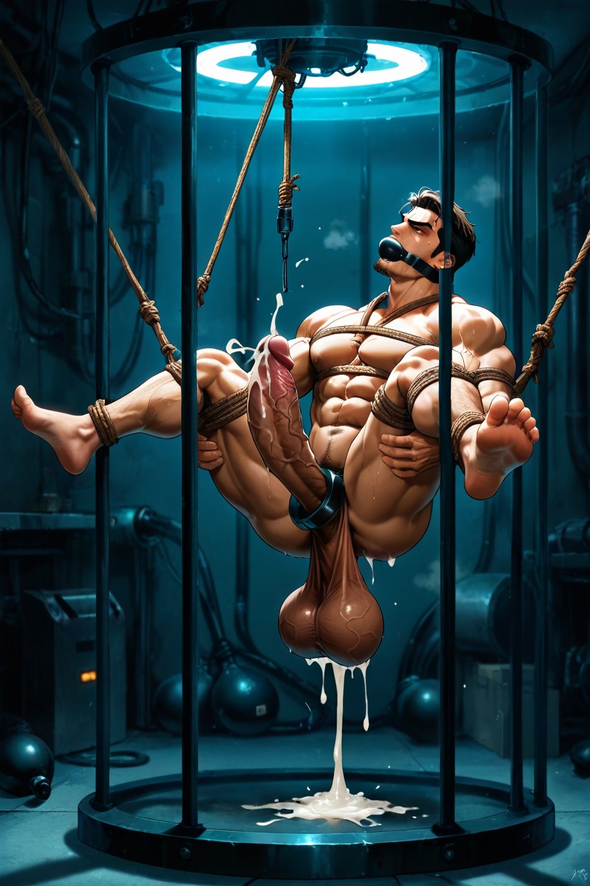 Enlarged Testicles Pulled Away From Body, Hands Tied, Suspended In The Air ゲイAIポルノ