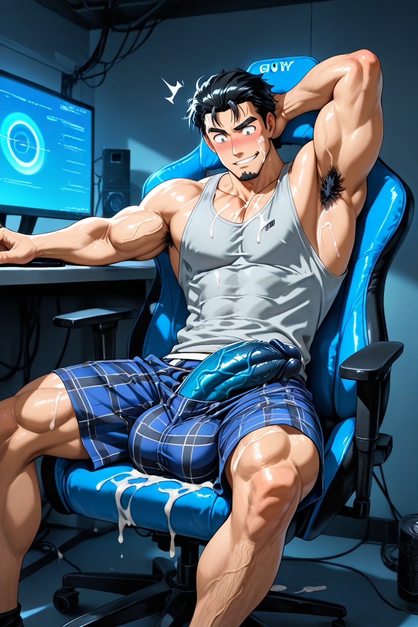 Blushing Face, Messy Black Hair, Huge Overzised Hyper Cock AI同性戀黃片
