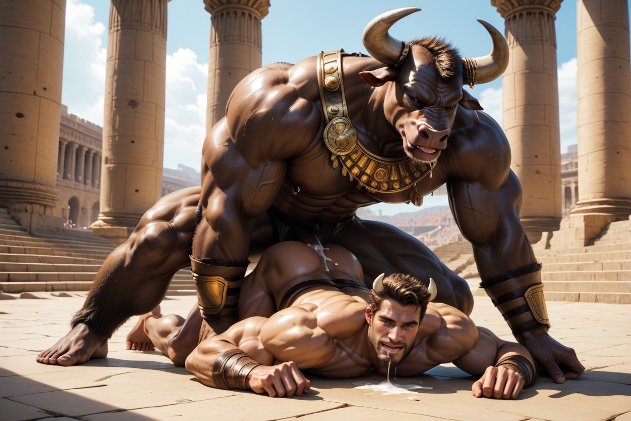 Drooling, Minotaur Brown Fur, Face AI Gay Porn