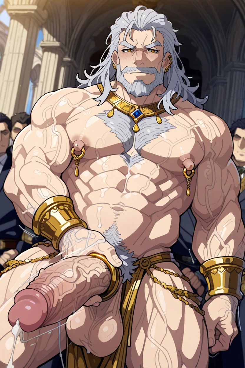 Ornate Golden Heavy Dangling Nipple Piercings, Hairy Body, Three-quarter View Pornografia gay com IA