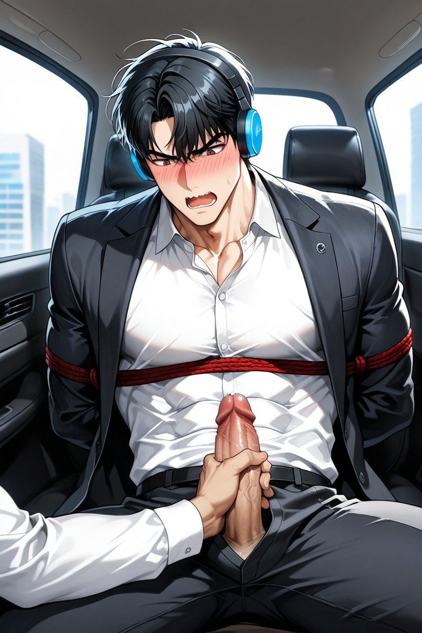 Joo Jaekyung From Manhwa Jinx, Headphones, Angle Showing Waist AI Gay Porn