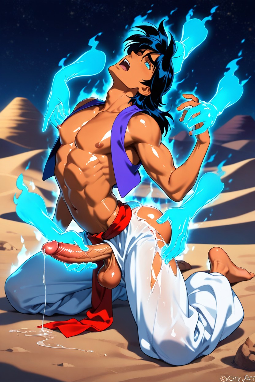 Ghost Hands Rubbing Nipples, Barefoot, Shiny Blue Eyes AI Gay Porn