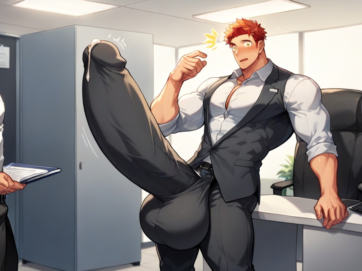 In Office, Oversized Hyper Gigantic Erect Uncut Penis Clearly Visible In Outline Pants, Blushing Face AI Gay Porn